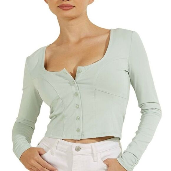 NWT Guess AMORI BUTTON UP TOP in Aloe Palm green size L - Picture 1 of 6